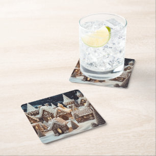 Vintage digital gingerbread village square paper coaster