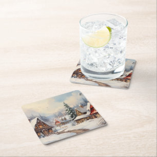 Vintage digital village on a Christmas day.  Square Paper Coaster