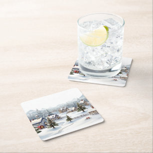 Vintage digital village on a Christmas day. Square Paper Coaster