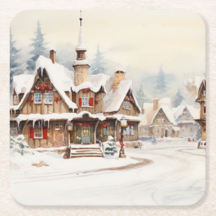 Vintage digital village on a Christmas day. Square Paper Coaster