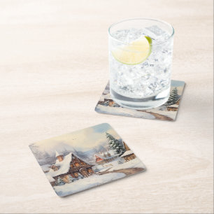 Vintage digital village on a Christmas day. Square Paper Coaster