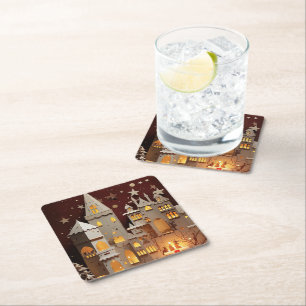 Vintage digital village on a Christmas night.  Square Paper Coaster