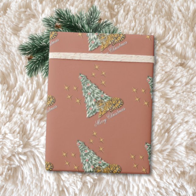 Vintage Dimensional Illusion Pink Tiger Christmas Wrapping Paper (Creator Uploaded)
