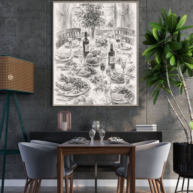 Vintage Dining Table Pencil Sketch, Classic Still  Poster (Creator Uploaded)