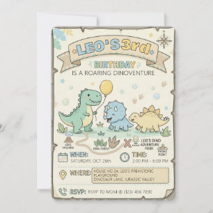 Vintage Dinosaur Adventure Map 3rd Birthday Party Invitation