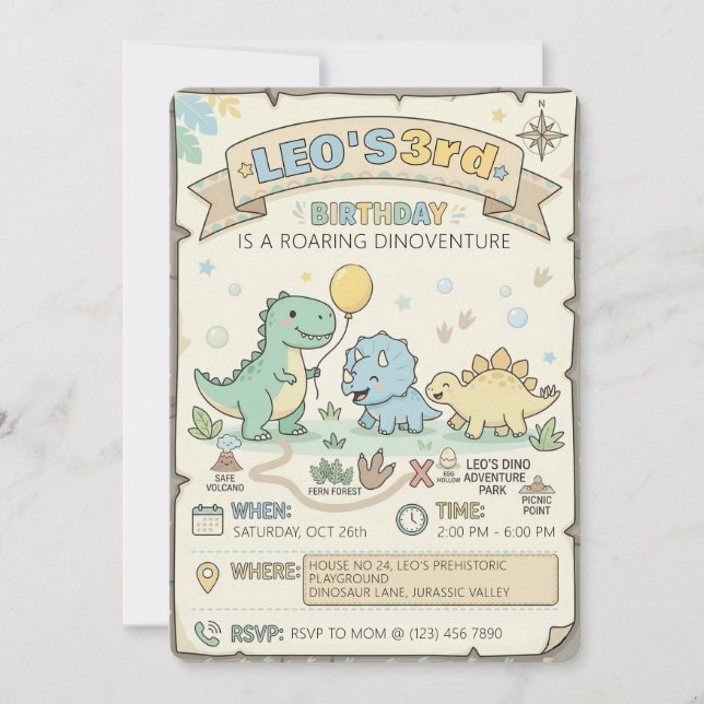 Vintage Dinosaur Adventure Map 3rd Birthday Party Invitation (Front)