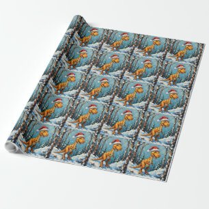 Vintage Dinosaur with Santa Hat Christmas Scene Wrapping Paper