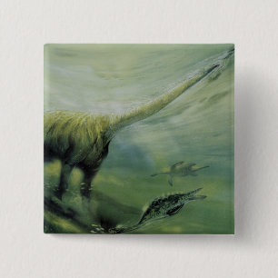 Vintage Dinosaurs, Brachiosaurus Swimming in Ocean 15 Cm Square Badge