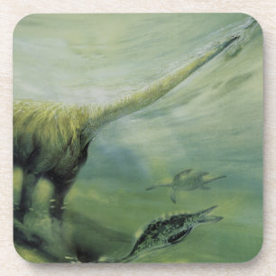 Vintage Dinosaurs, Brachiosaurus Swimming in Ocean Coaster