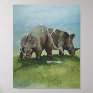Vintage Dinosaurs, Centrosaurus Grazing in Meadow Poster