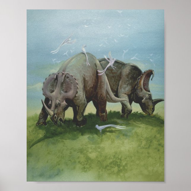 Vintage Dinosaurs, Centrosaurus Grazing in Meadow Poster (Front)
