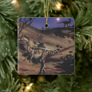 Vintage Dinosaurs, Dilophosaurus on a Starry Night Ceramic Tree Decoration