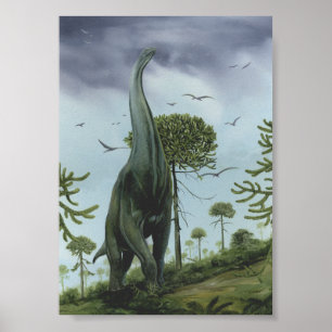 Vintage Dinosaurs, Sauroposeidon with Birds Flying Poster