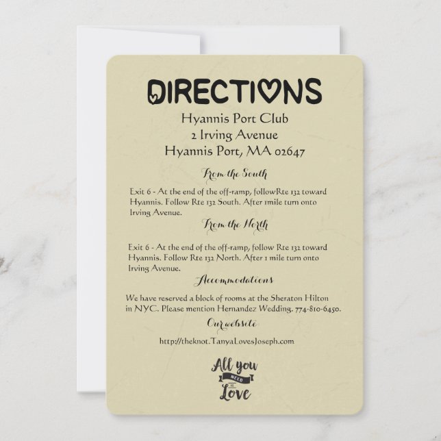 Vintage Directions Details Tan Black Wedding Love Invitation (Front)