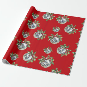 Vintage Disco Ball Holdiay Christmas Red Gift Wrapping Paper