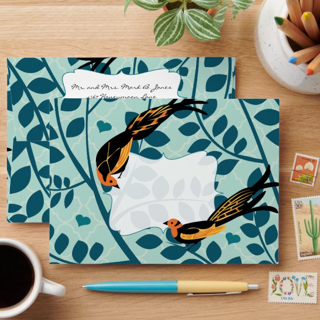 Vintage Distressed Art Deco Birds Wedding Envelope (Desk)