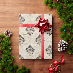 Vintage Distressed Black Damask Beige Background Wrapping Paper