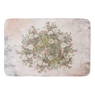 Vintage Distressed Boho White Rose Bath Mat