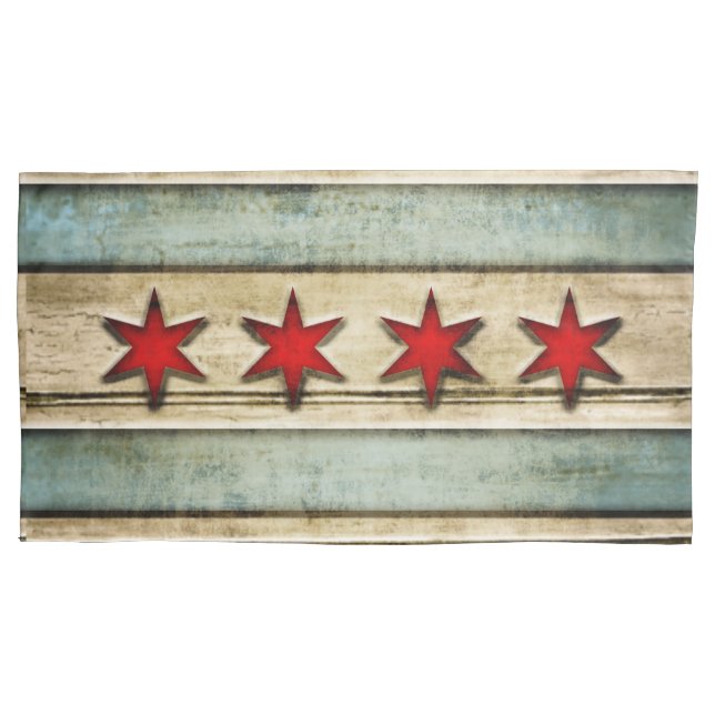 Vintage Distressed Chicago Flag Carved Wood Look Pillowcase (Front)