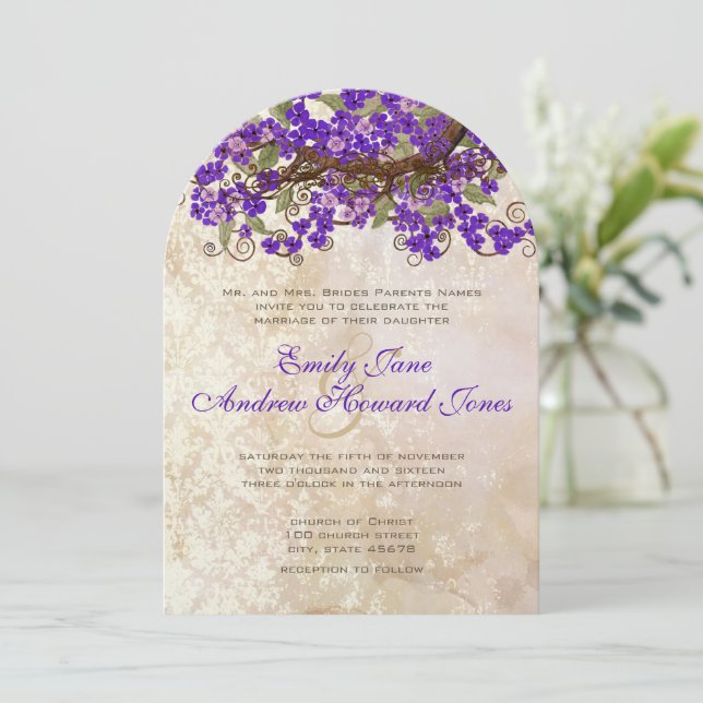 Vintage Distressed Damask Lace Purple Blossoms Invitation (Standing Front)