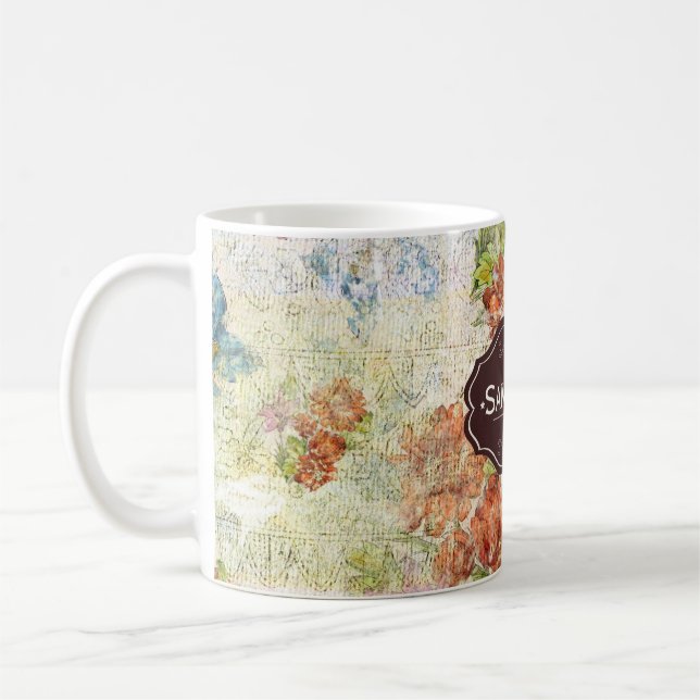 Vintage Distressed Flower Pattern Personalised Coffee Mug (Left)