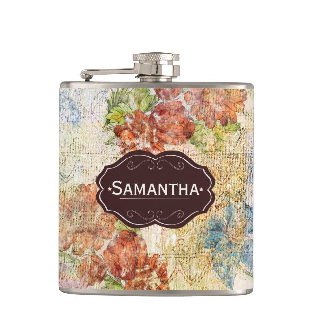 Vintage Distressed Flower Pattern Personalised Hip Flask (Front)