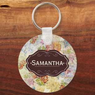 Vintage Distressed Flower Pattern Personalised Key Ring