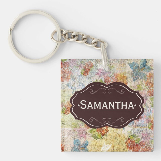 Vintage Distressed Flower Pattern Personalised Key Ring (Front)