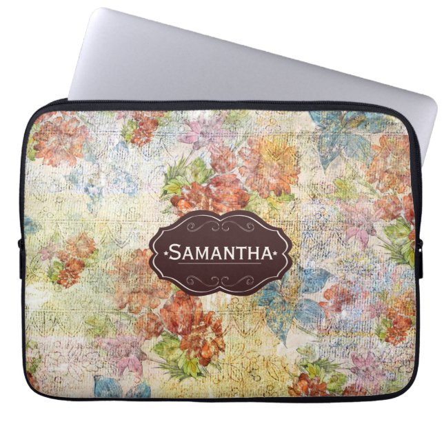 Vintage Distressed Flower Pattern Personalised Laptop Sleeve (Front)