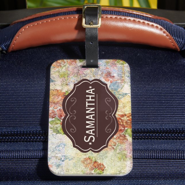 Vintage Distressed Flower Pattern Personalised Luggage Tag (Front Insitu 2)
