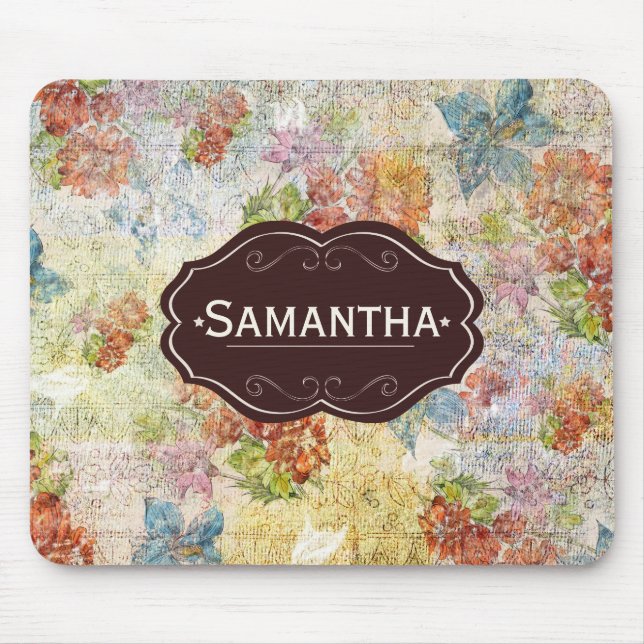 Vintage Distressed Flower Pattern Personalised Mouse Mat (Front)
