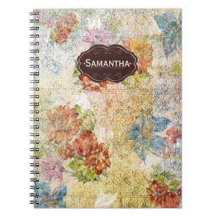 Vintage Distressed Flower Pattern Personalised Notebook