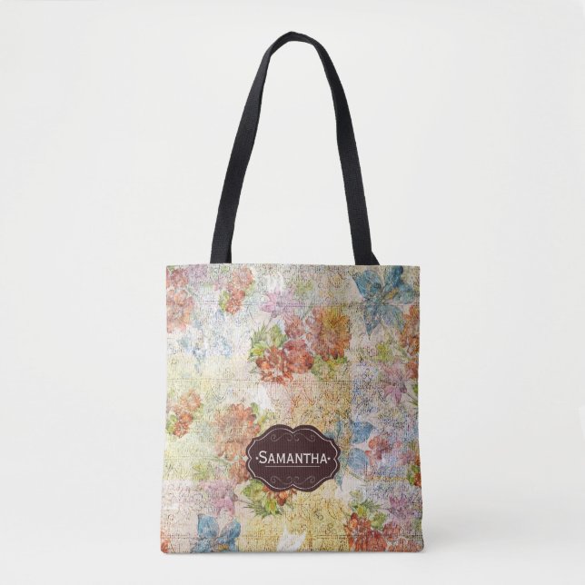 Vintage Distressed Flower Pattern Personalised Tote Bag (Front)