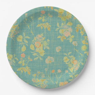 Vintage Distressed Spring Teal Floral Pattern Paper Plate