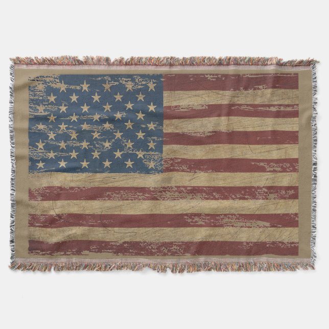 Vintage Distressed US Flag Throw Blanket (Front)
