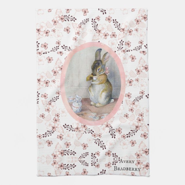 Vintage Ditsy Flower Miss Bunny Teatime Tea Towel (Vertical)