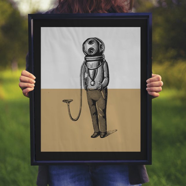 Vintage Diver Illustration Colorblock Poster (Creator Uploaded)