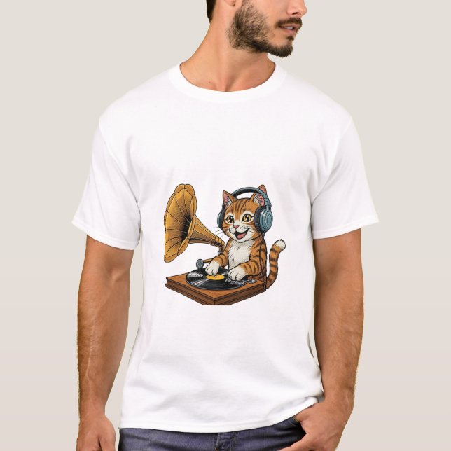 Vintage DJ Cat with Gramophone Turntable T-Shirt (Front)