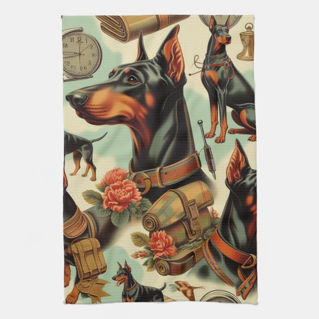Vintage Doberman Seamless Painting Tea Towel (Vertical)