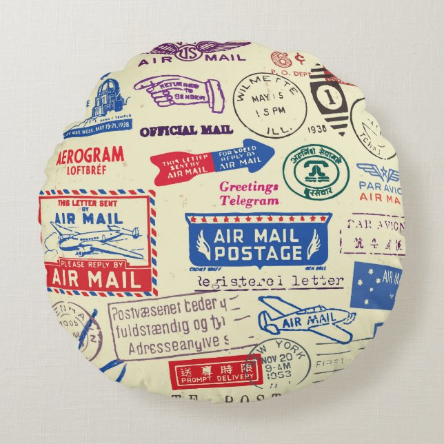 Vintage Document Stamp Set Design. Round Cushion (Front)