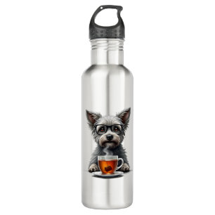 Vintage Dog Holding Tea with Glasses Retro Pet Ill 710 Ml Water Bottle