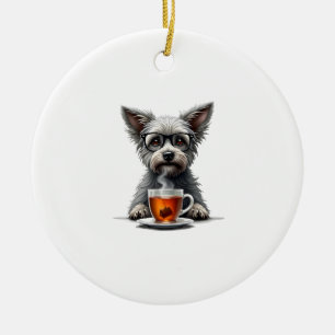 Vintage Dog Holding Tea with Glasses Retro Pet Ill Ceramic Tree Decoration