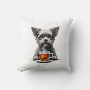Vintage Dog Holding Tea with Glasses Retro Pet Ill Cushion