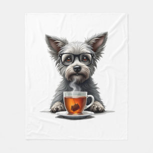 Vintage Dog Holding Tea with Glasses Retro Pet Ill Fleece Blanket