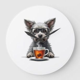 Vintage Dog Holding Tea with Glasses Retro Pet Ill Large Clock