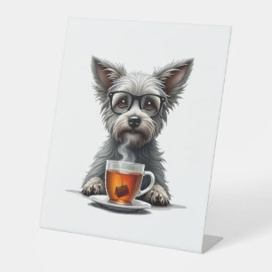 Vintage Dog Holding Tea with Glasses Retro Pet Ill Pedestal Sign