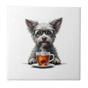 Vintage Dog Holding Tea with Glasses Retro Pet Ill Tile