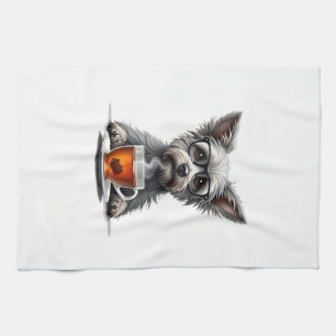 Vintage Dog Holding Tea with Glasses Retro Pet Ill Towel