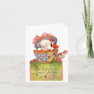 Vintage Dog in Basket Easter Card