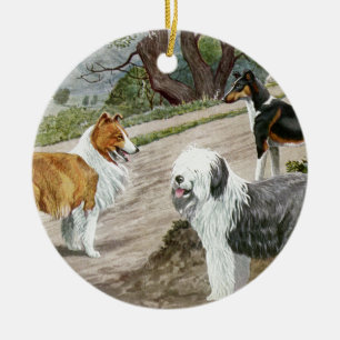 Vintage Dog Lovers Art Collie Trio Ceramic Tree Decoration